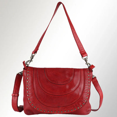 Spaghetti Western Tote Handbag SWC174RD in red full grain leather with adjustable strap and decorative rivets.