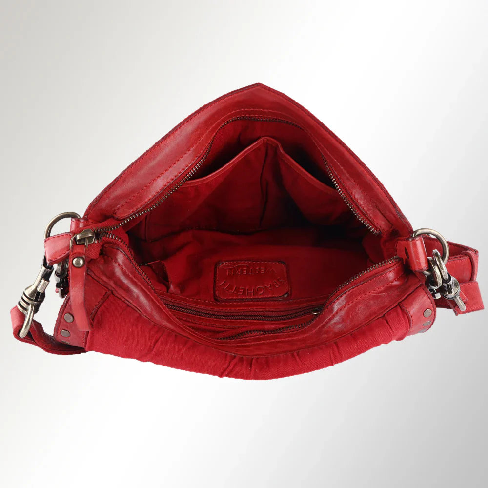 Spaghetti Western Tote Handbag SWC174RD in red leather with open view showing compartments.