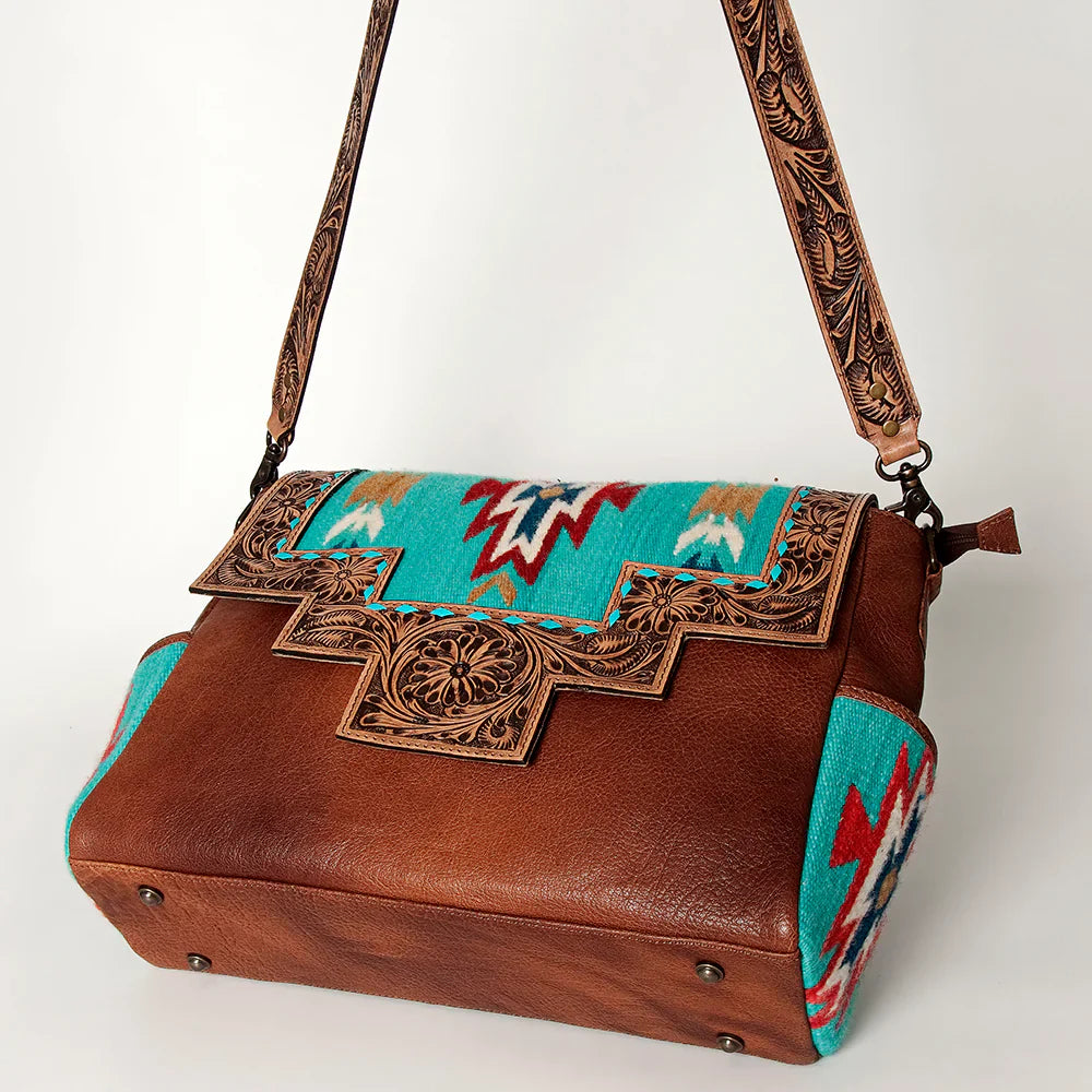American Darling Messenger Bag ADBG842D with handwoven wool saddle blanket and full grain leather featuring adjustable tooled cowhide strap and antique metal fittings