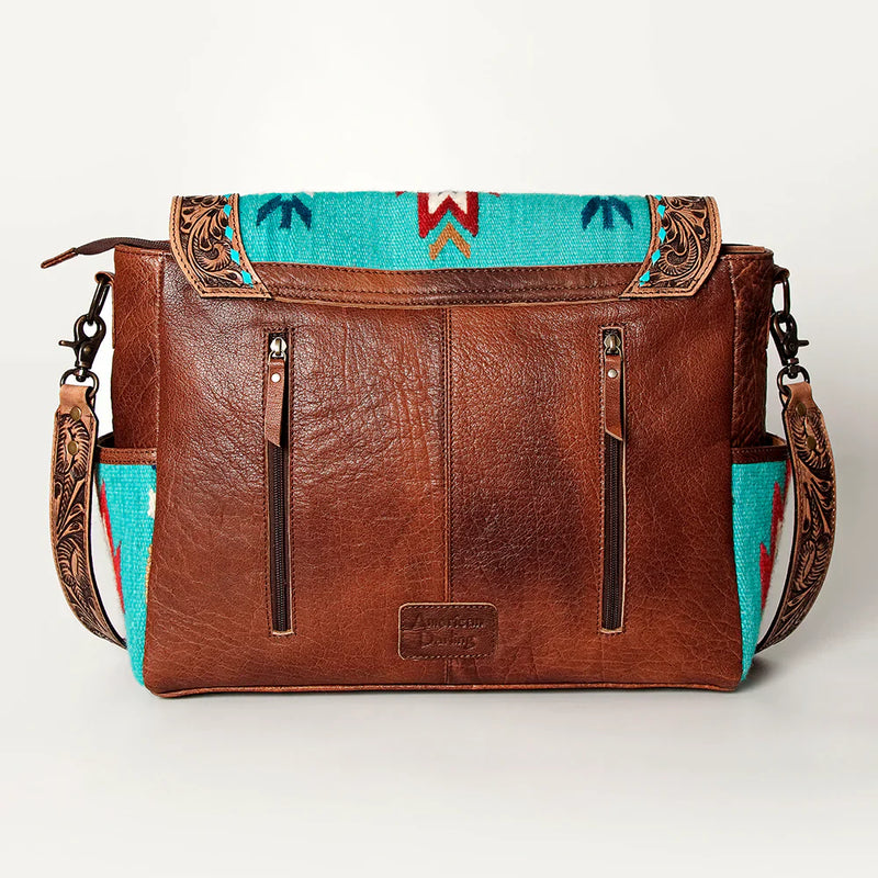 American Darling Messenger Bag ADBG842D with hand woven wool saddle blanket, genuine full grain leather, adjustable hand-tooled cowhide strap, and antique metal fittings