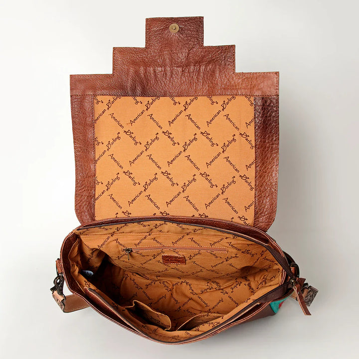 Open American Darling Messenger Bag ADBG842D showing spacious interior with branded lining and brown leather exterior