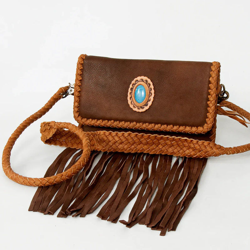 American Darling small crossbody messenger bag with turquoise stone, leather fringes, and braiding.