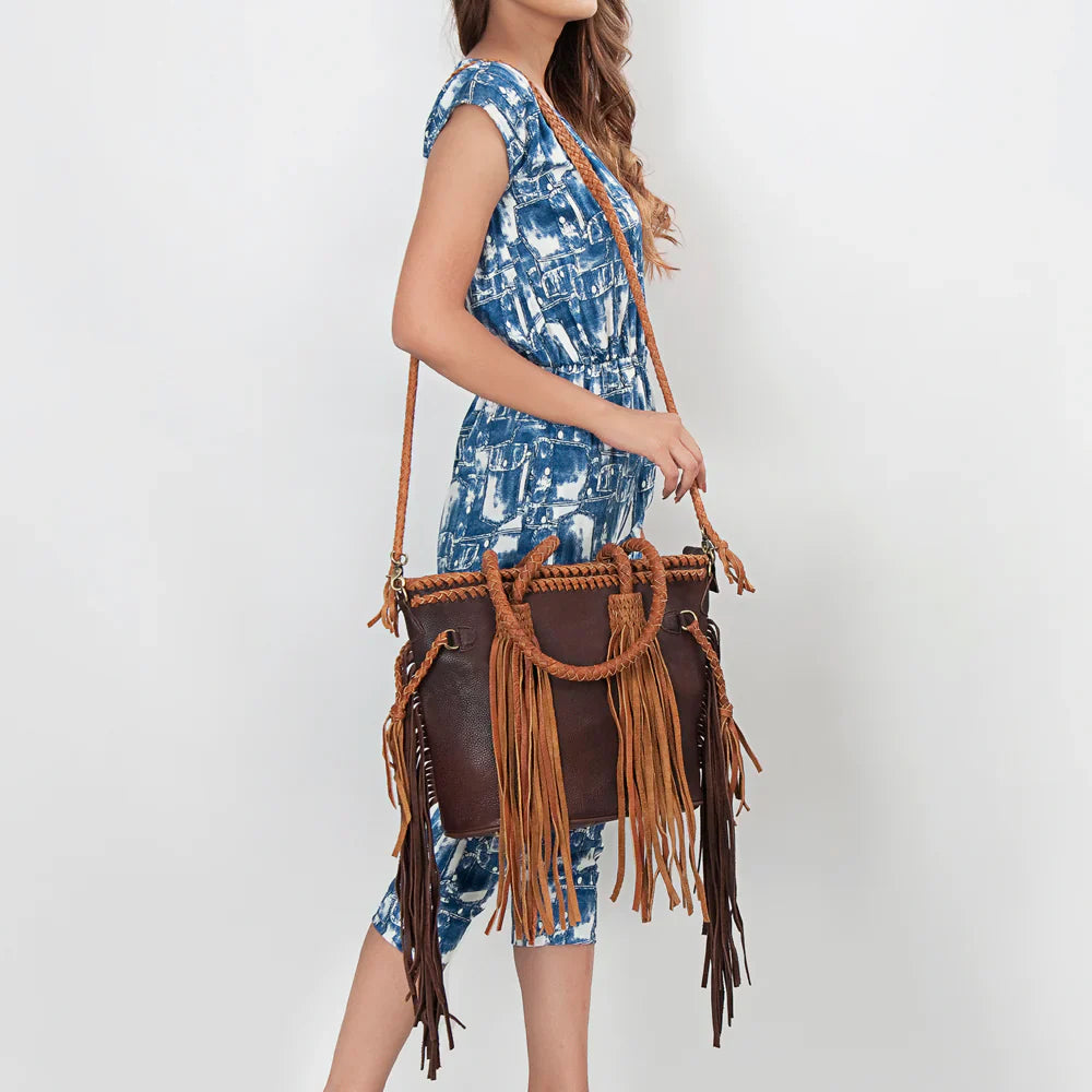 American Darling Tote Bag ADBGD147A with leather fringes and adjustable strap.