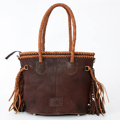 American Darling Tote Bag ADBGD147A with genuine full-grain leather, leather fringes, adjustable strap, and antique metal fittings.