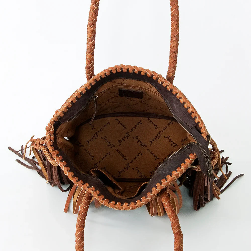 American Darling Tote Bag ADBGD147A with leather braiding, fringe details, and adjustable strap.