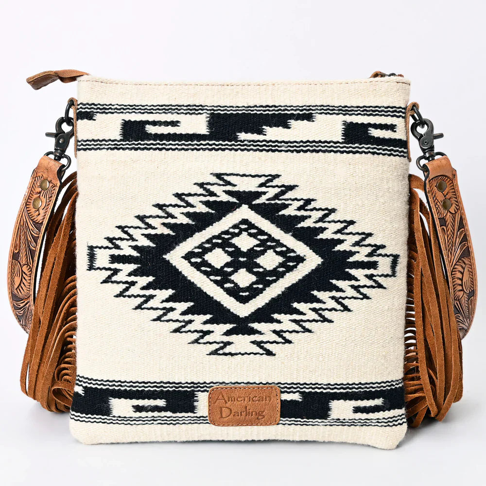 American Darling Messenger bag ADBGS192CA with handtooled leather strap and woven wool saddle blanket design