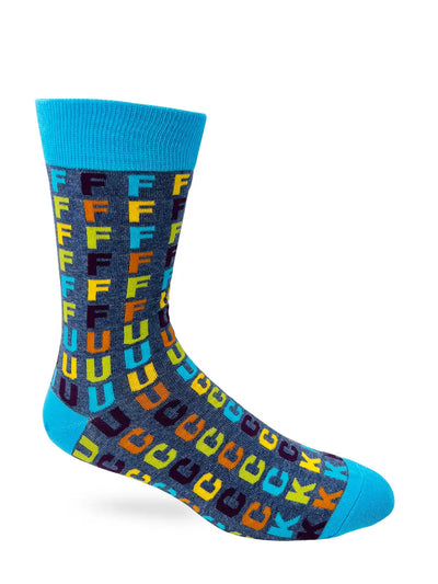 Colorful men's novelty crew sock with repeated bold letters "F" and other letters on a dark blue background, featuring a bright blue cuff, heel, and toe.