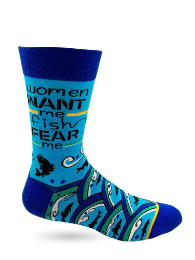 Men's novelty crew sock with "Women Want Me Fish Fear Me" fishing design in blue and navy colors