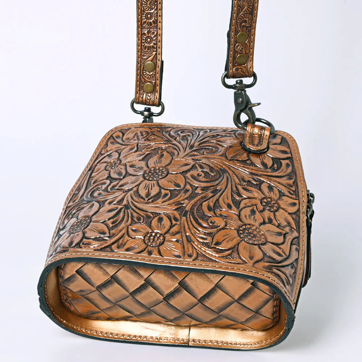 American Darling Crossbody bag in hand-tooled metallic leather with floral design and adjustable strap