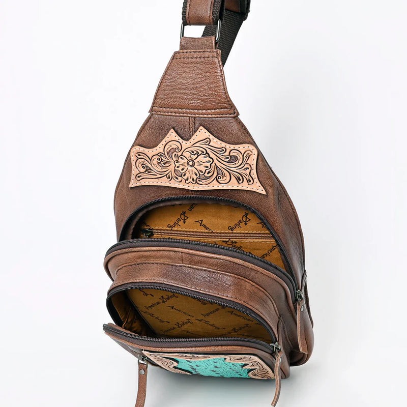 American Darling Sling ADBG1151, hand-tooled leather with crocodile embossing, adjustable strap.
