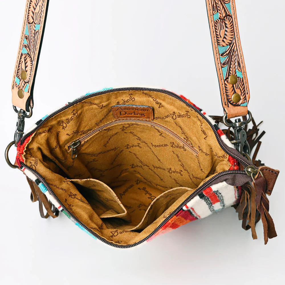 American Darling Large crossbody ADBG298J with patterned interior and tooled leather strap.