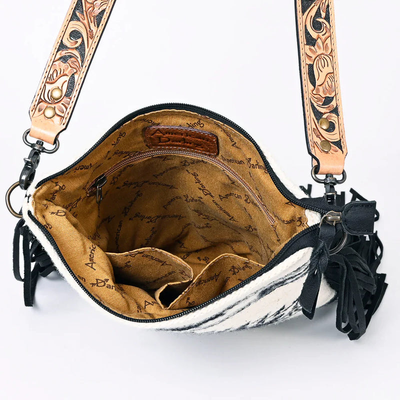 Open American Darling Messenger Bag ADBGS192CA showing hand tooled leather strap and spacious wool saddle blanket interior with zipper pockets