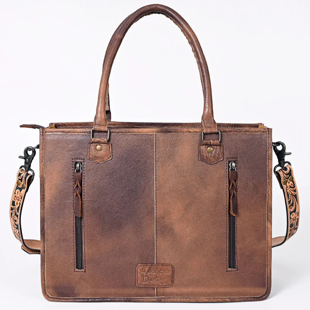 American Darling Tote Bag ADBG230TAWSUNF in hand-tooled tan leather with western fringe and adjustable straps.