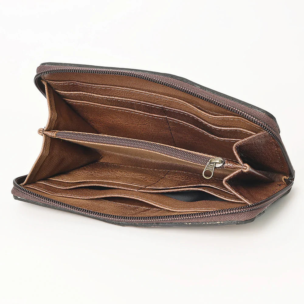 Vegetable tanned leather Ohlay Wallet KBG153 with floral embossing and durable YKK zipper.