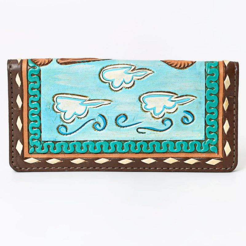 Ohlay Wallet KBG213 hand tooled genuine leather wallet with blue and brown antique finish