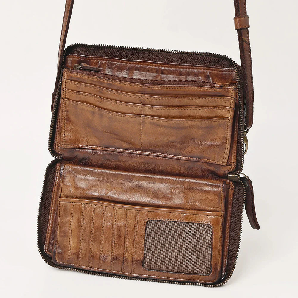 Spaghetti Western Crossbody Wallet in brown full grain leather with adjustable strap, multiple card slots, mesh ID window, and durable YKK zipper closure