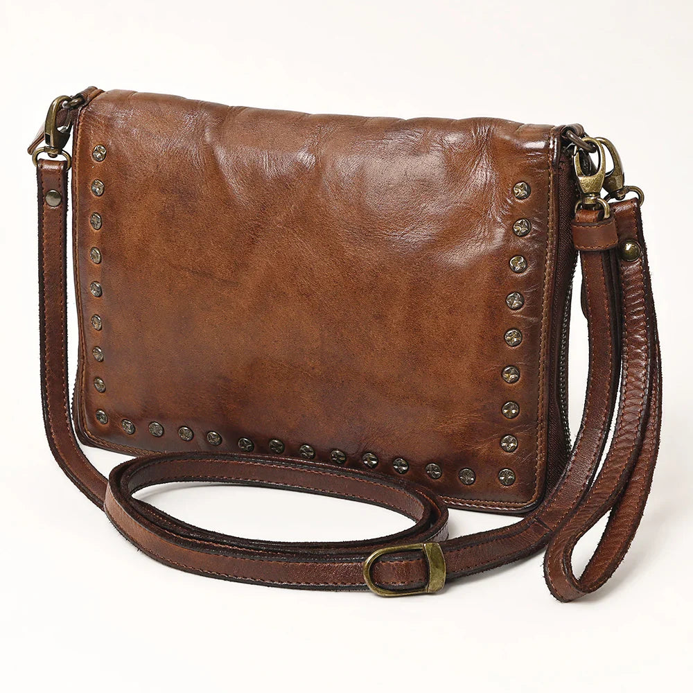 Spaghetti Western Crossbody Wallet SWC197BRN in premium full grain leather with adjustable strap, antique finish metal fittings, and YKK zippers.