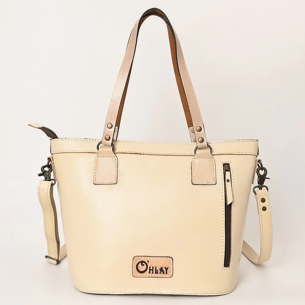 Ohlay KBG328 tote bag in genuine vegetable-tanned leather with an adjustable shoulder strap and durable YKK zippers.