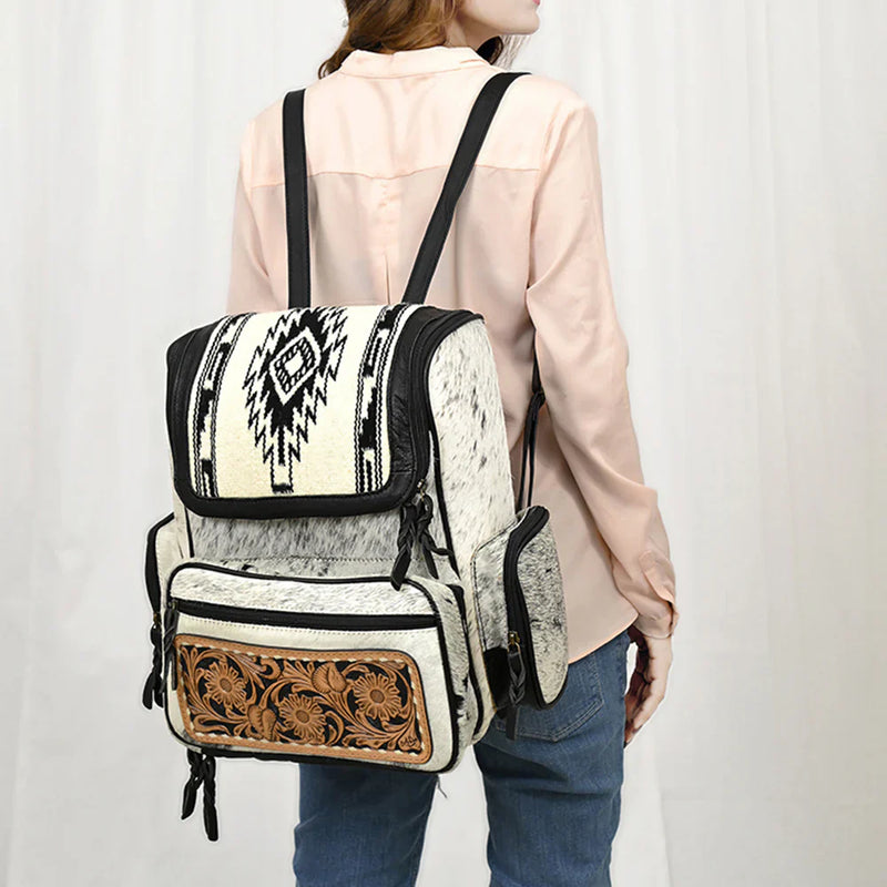 Vegetable tanned cowhide leather backpack with wool saddle blanket design, adjustable leather straps, and antique metal fittings.