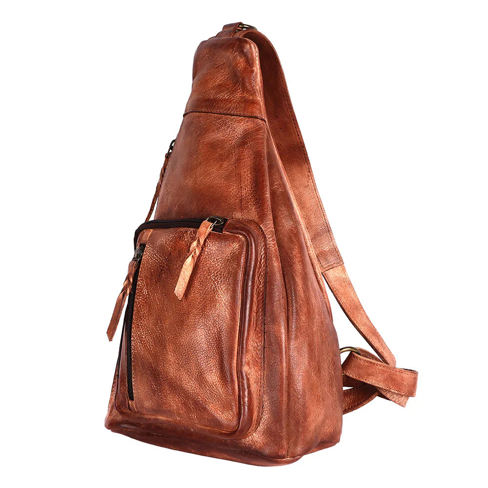 Never Mind Sling premium full grain leather sling bag with adjustable strap and antique metal fittings