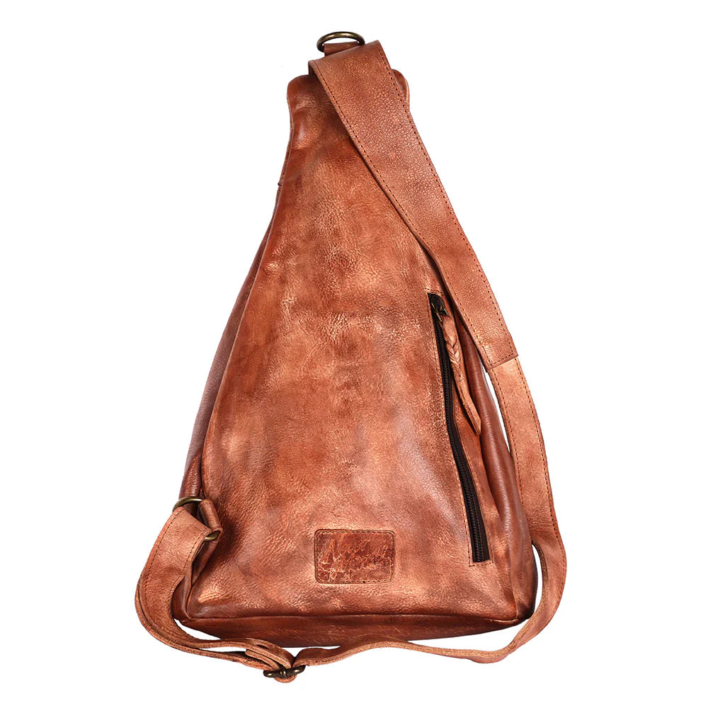 Premium full grain leather Never Mind Sling bag with adjustable shoulder strap, antique metal fittings, and durable YKK zipper, 15x9.5x4.5 inches.