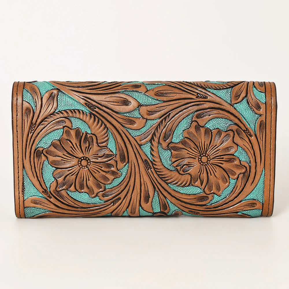 Ohlay Wallet OHG159 with hand-tooled genuine cowhide leather design and floral pattern.