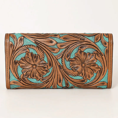 Ohlay Wallet OHG159 with hand-tooled genuine cowhide leather design and floral pattern.