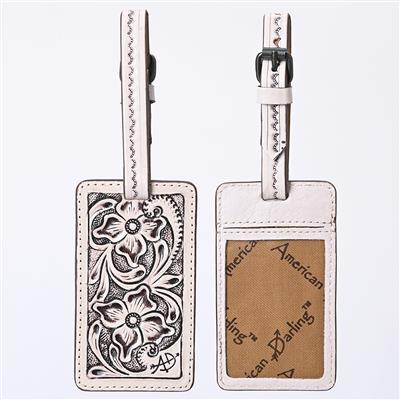 American Darling Luggage Tag made of hand-tooled vegetable tanned cowhide leather with antique metal fittings