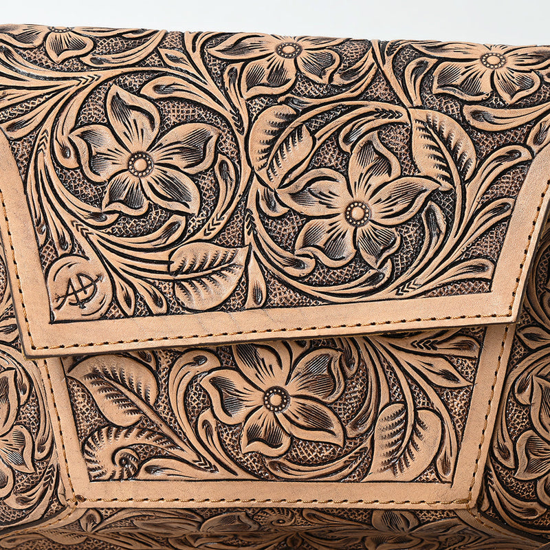 American Darling Small crossbody bag with hand-tooled floral design on genuine full grain vegetable tanned cowhide leather