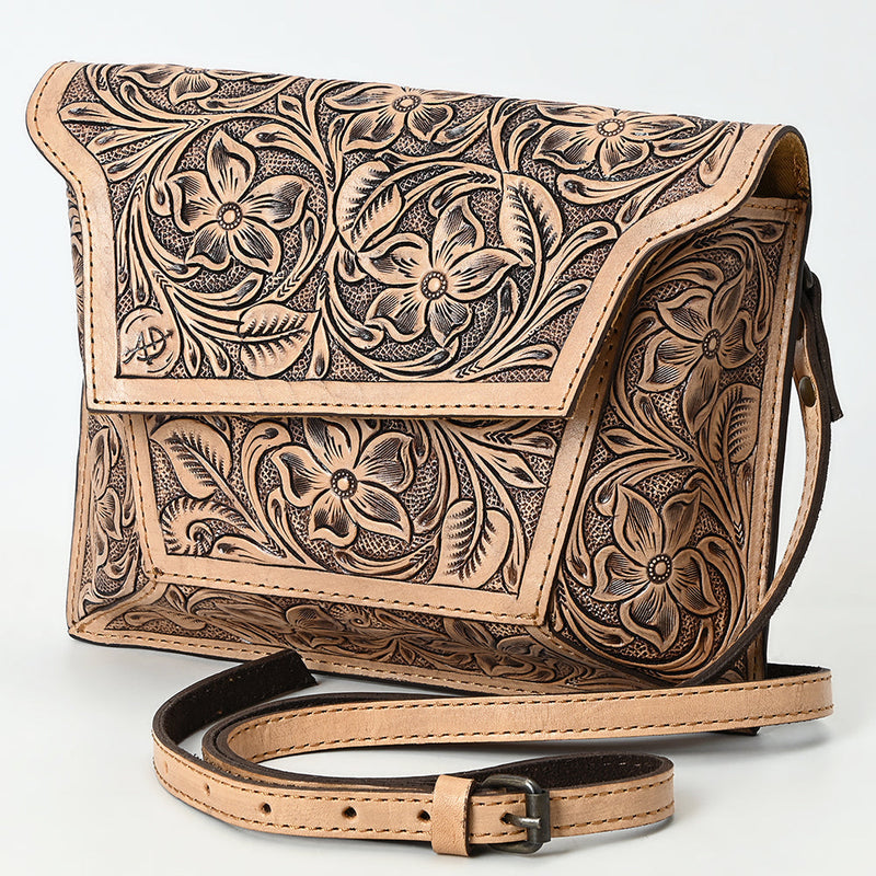 American Darling Small crossbody bag with detailed hand-tooled floral design on genuine full grain cowhide leather and adjustable strap