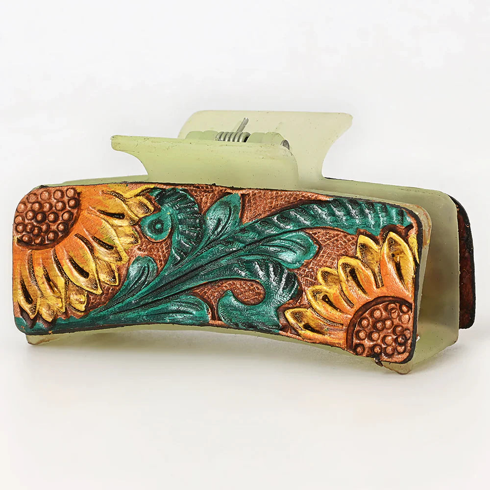 American Darling Hair Clutch ADHC121 with hand-tooled vegetable tanned cowhide leather, sunflowers design.