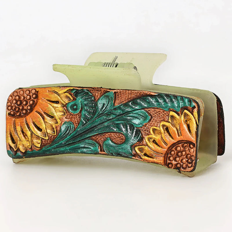 American Darling Hair Clutch ADHC121 with hand-tooled vegetable tanned cowhide leather, sunflowers design.