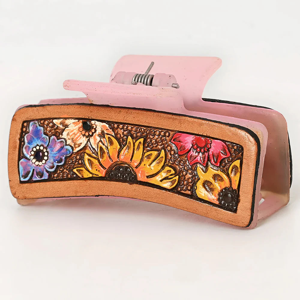 American Darling Hair Clutch ADHC134, hand-tooled cowhide leather, floral design, 3.25in x 1in.
