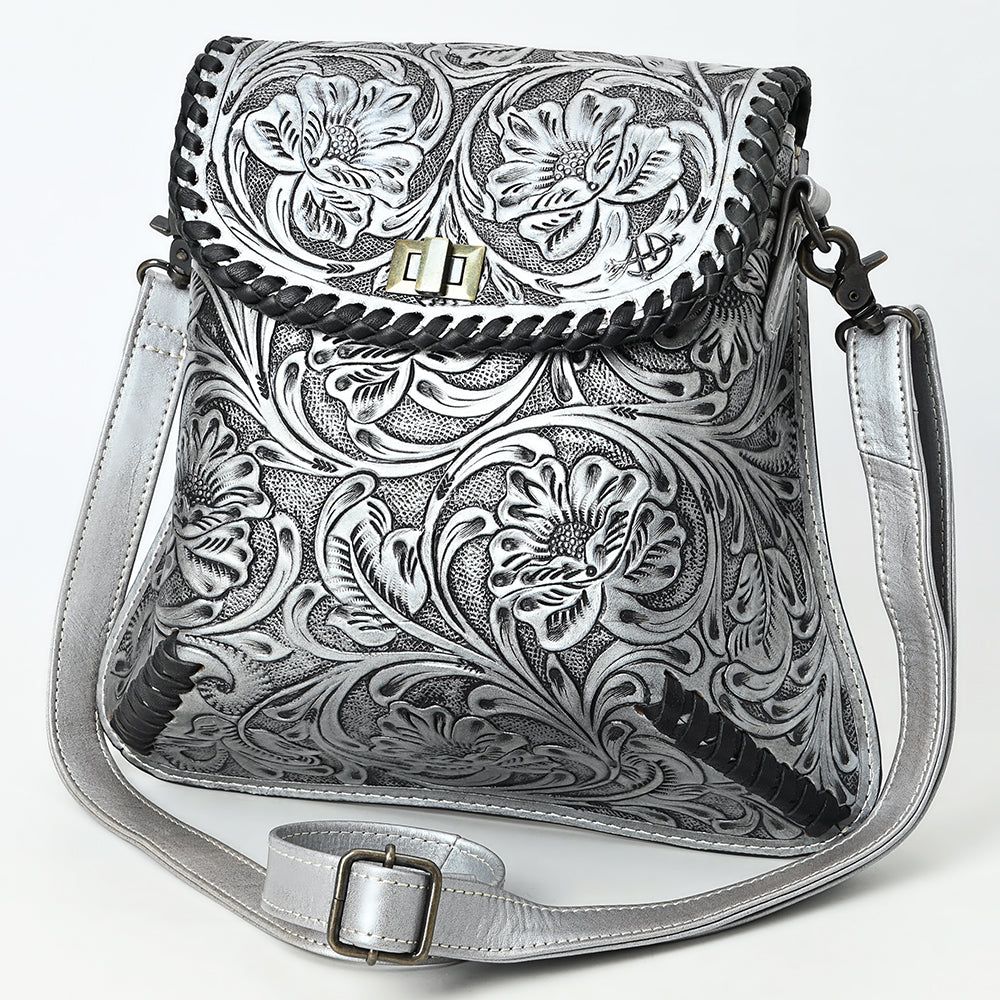 American Darling Small Crossbody Bag in antique hand-tooled full grain genuine leather with floral carvings and adjustable strap