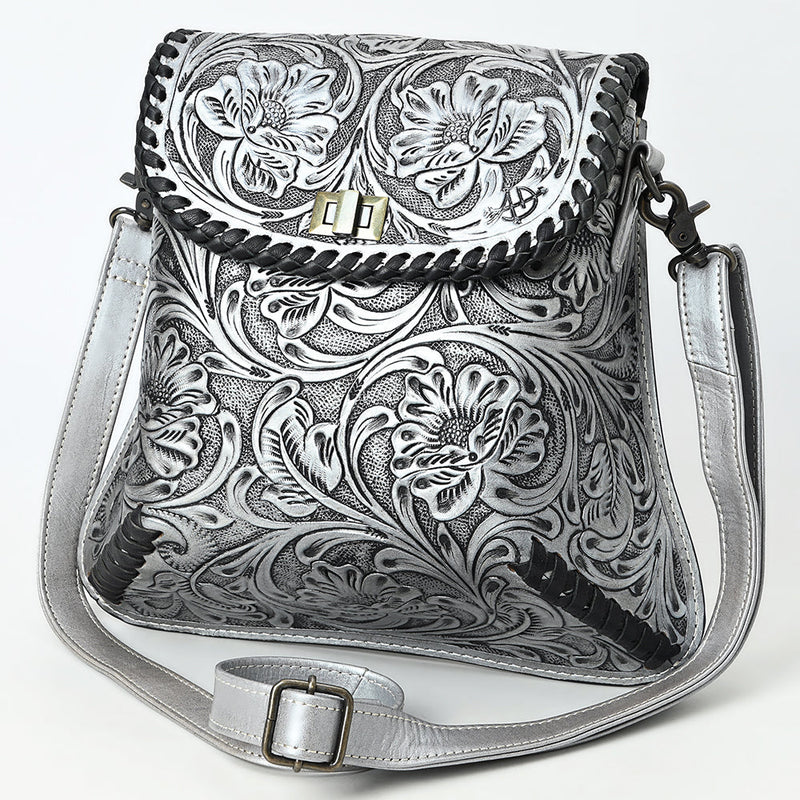 American Darling Small Crossbody Bag in antique hand-tooled full grain genuine leather with floral carvings and adjustable strap