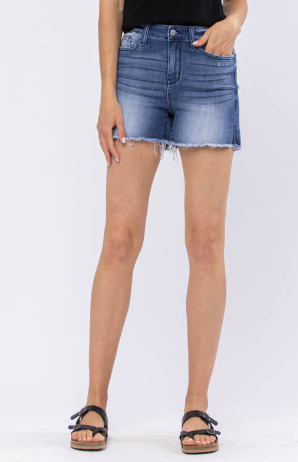 Judy Blue Shorts 15228 DK, mid-rise side slit cut off shorts, 3.75" inseam, blue denim.