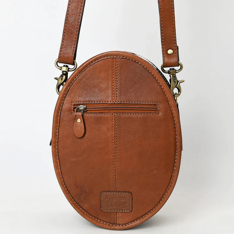 American Darling Canteen brown full grain leather oval crossbody bag with antique metal fittings and adjustable strap
