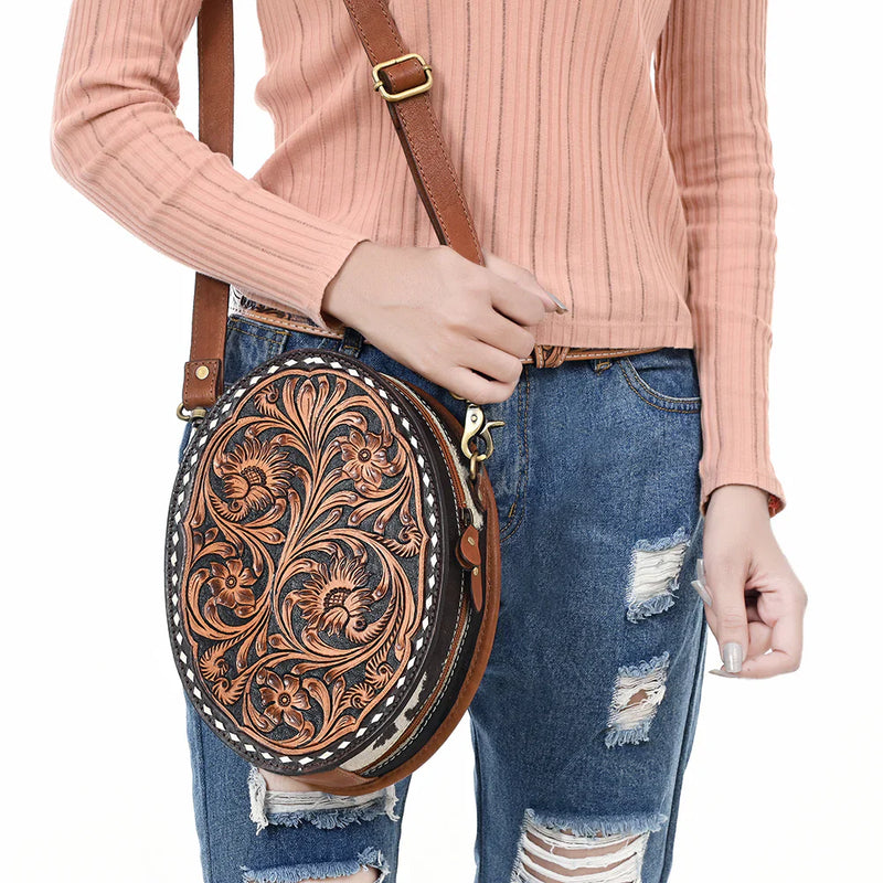 American Darling Canteen round hand-tooled full grain leather crossbody bag with adjustable strap and antique metal fittings