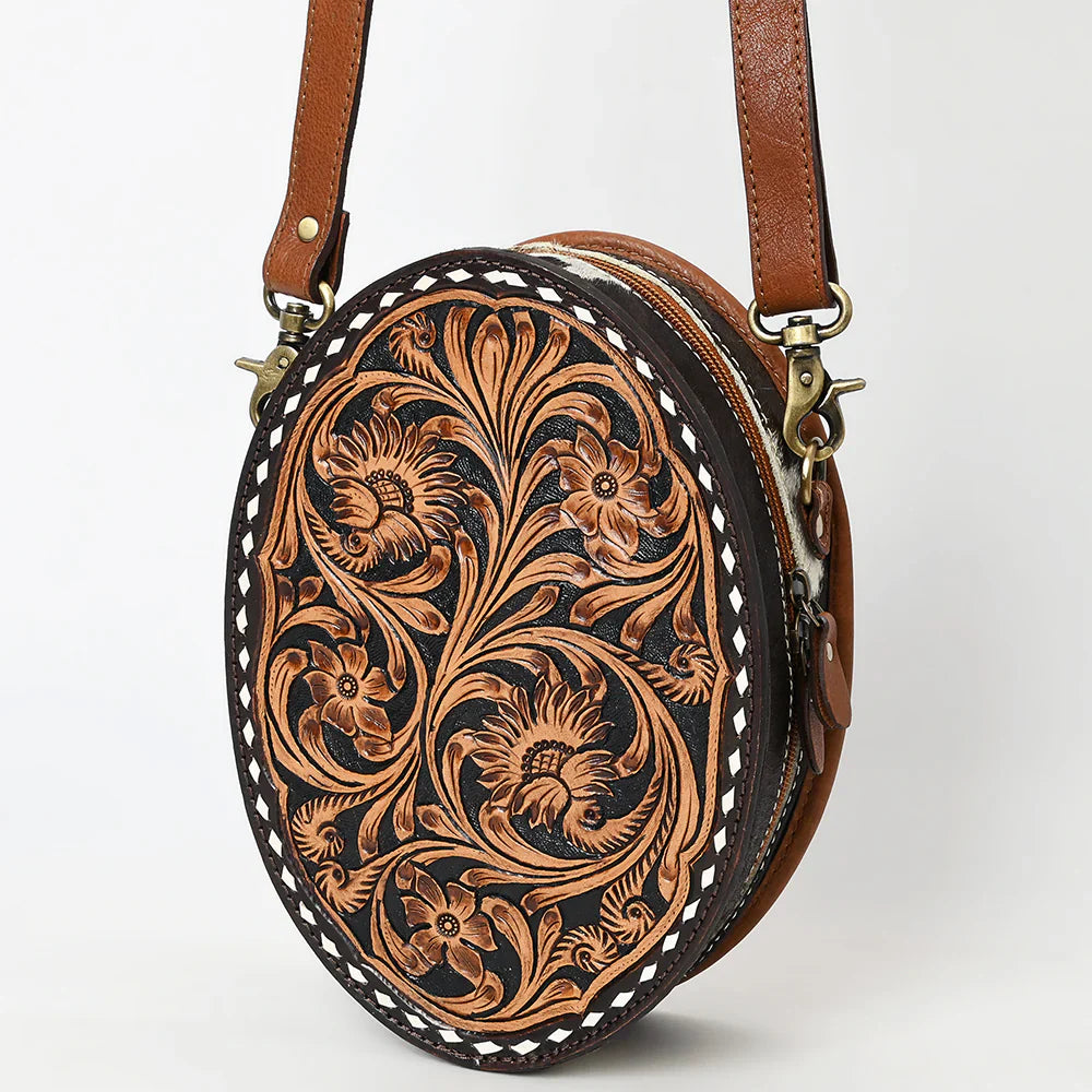 American Darling Canteen hand-tooled genuine cowhide leather bag with floral carvings and adjustable shoulder strap