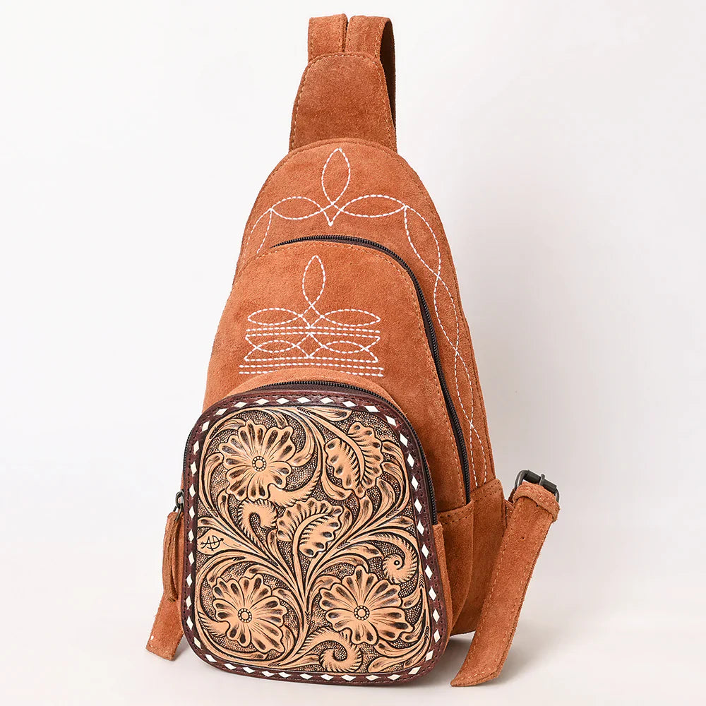 American Darling Genuine Western Suede Leather Sling Bag with intricate stitching and fringe details.