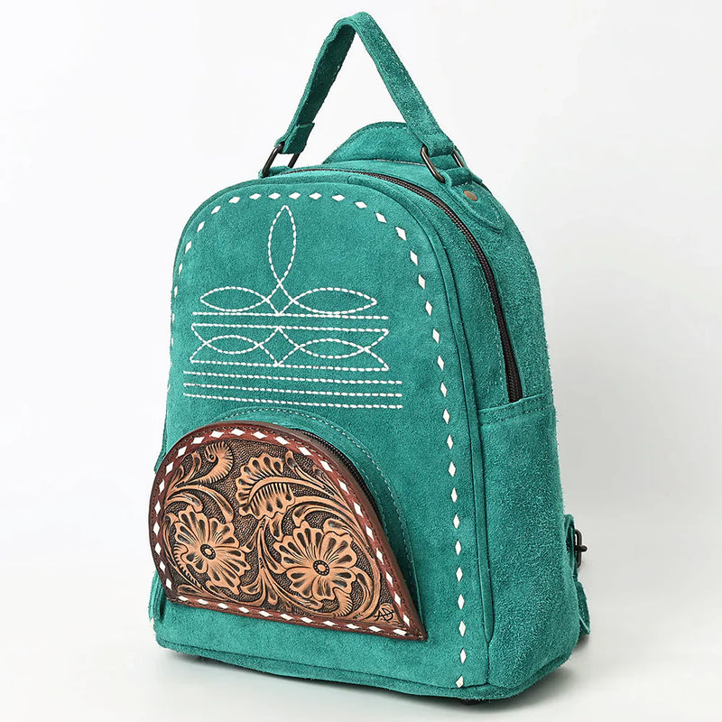 American Darling genuine leather backpack with Western design, teal color, intricate patterns, and adjustable straps.