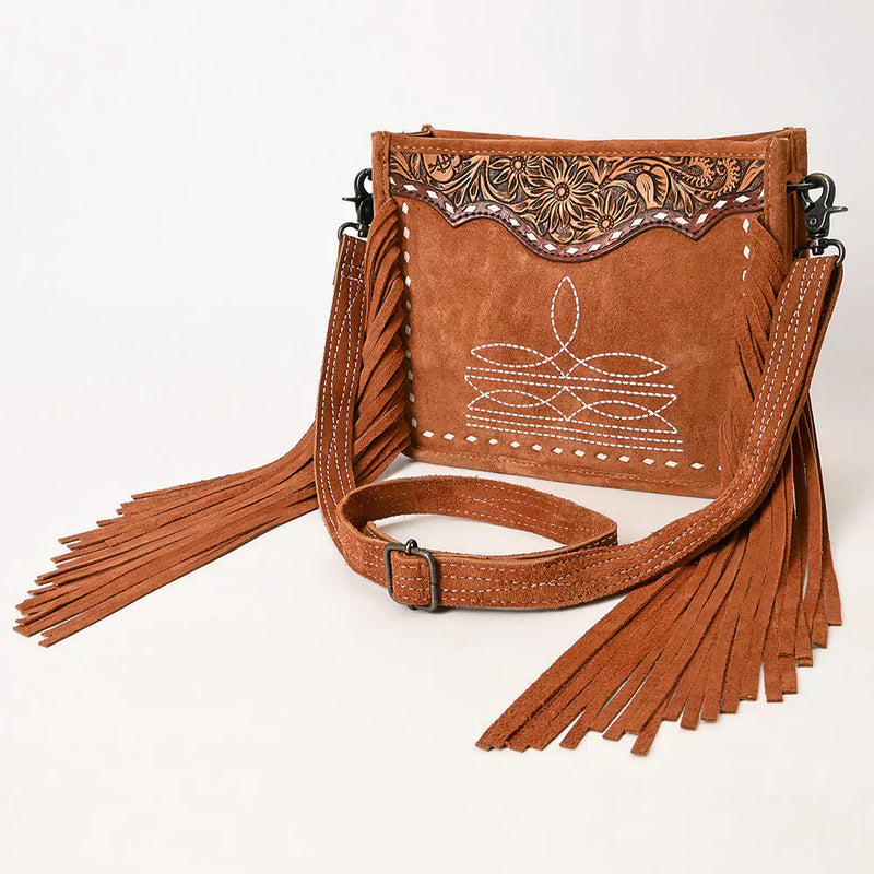 American Darling Crossbody Bag in premium genuine suede leather with western-style leather fringes and antique metal fittings