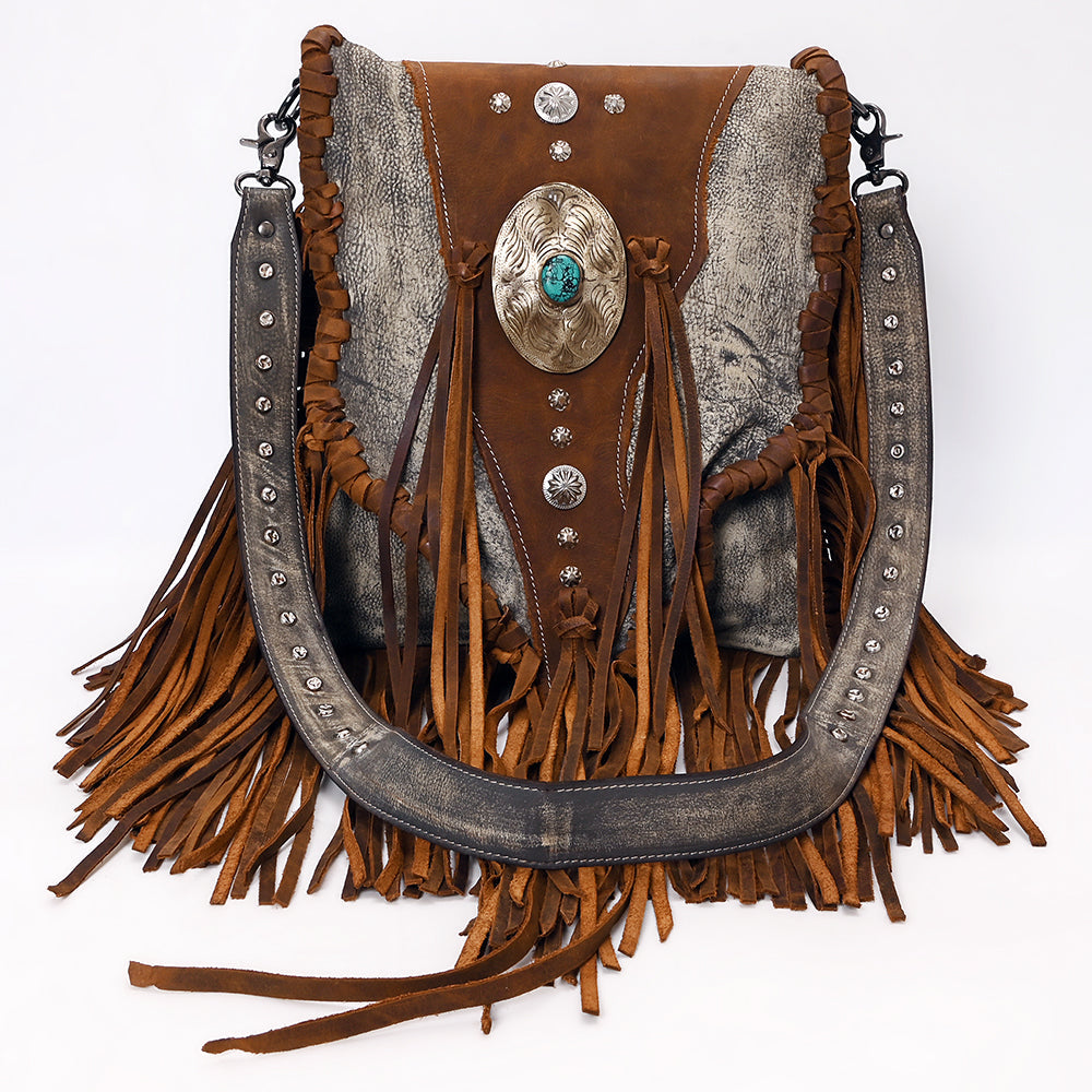 American Darling Crossbody Bag in full grain leather with turquoise stone, leather fringes, adjustable strap, and antique metal fittings