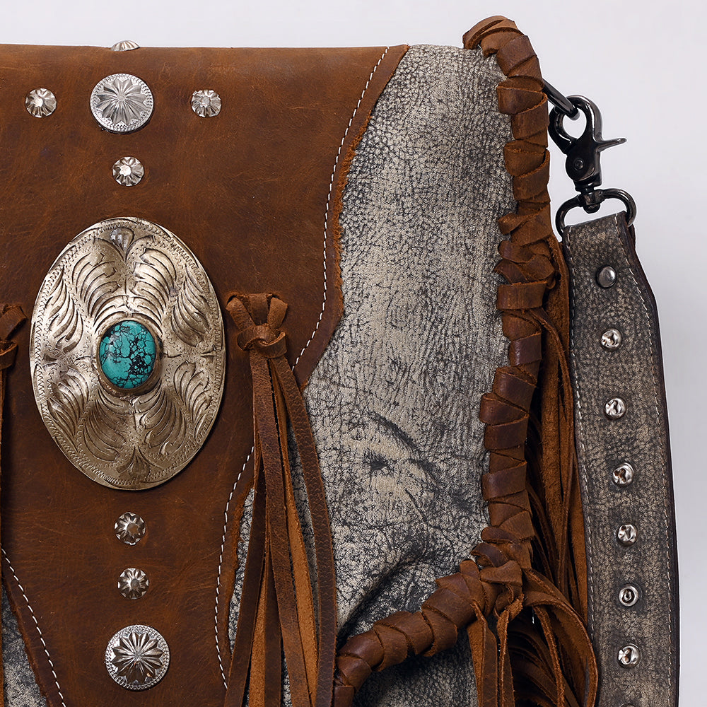 American Darling Crossbody Bag in full grain leather with turquoise stone, western fringes, adjustable strap, and antique metal fittings