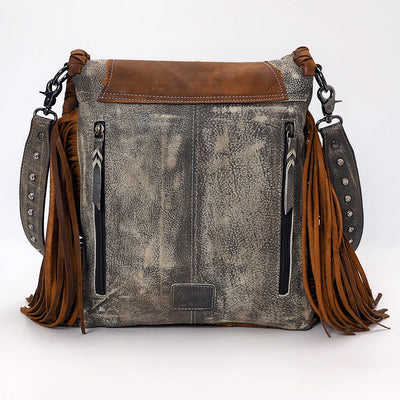American Darling Crossbody Bag in distressed gray leather with brown genuine leather fringes and adjustable strap, featuring antique metal fittings and turquoise stone accents.