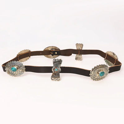 American Darling Belt ADBLA108-51 with German silver conchos and engraved metal buckle.