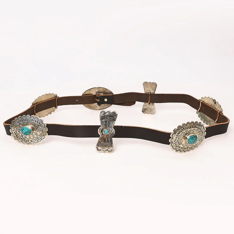 American Darling Belt ADBLA108-51 with German silver conchos and engraved metal buckle.