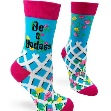 Colorful Be A Bada** women's crew socks with floral and lattice pattern, bold typography, and pink accents.