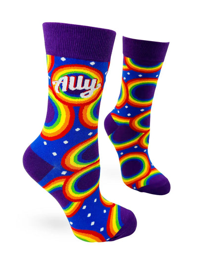 Colorful Ally Rainbow women's crew socks with bold rainbow pattern and purple cuffs for LGBTQ pride and allyship support