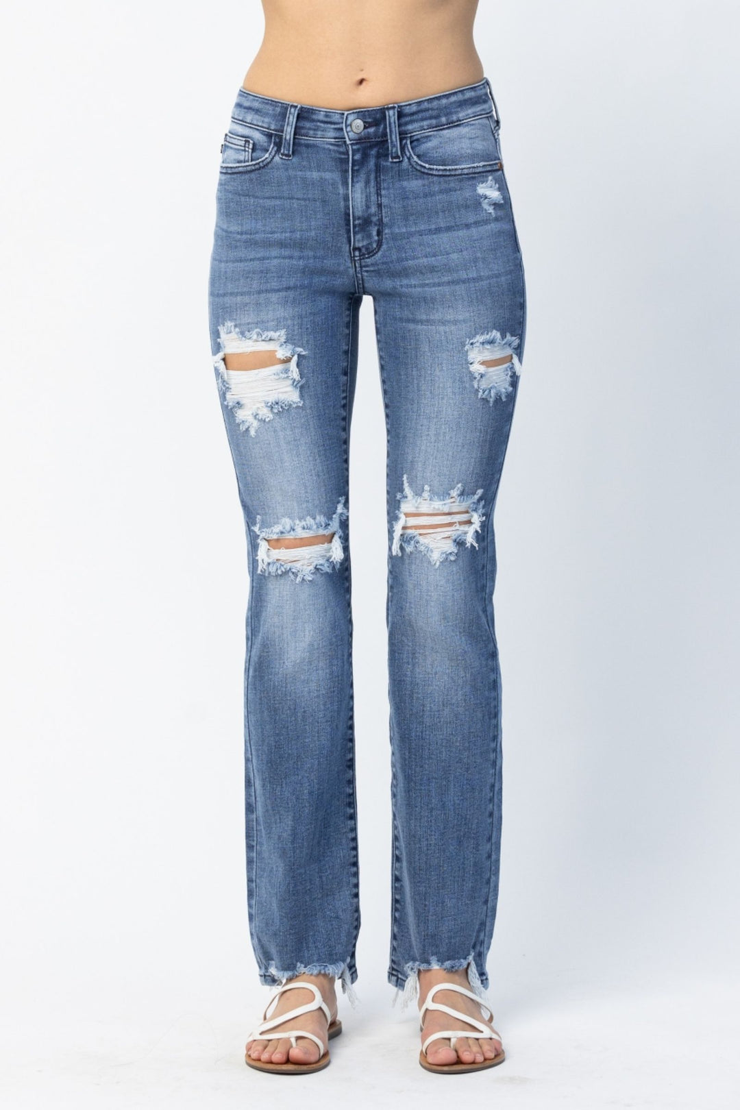 Judy Blue Jeans 82425 destroyed straight mid-rise denim with 9.75" rise and 32" inseam